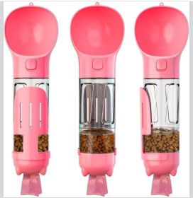 Portable 4-in-1 Pet Water Bottle With Food Storage, Poop Bag Dispenser, and Spoon. 300ml Capacity. Available In Yellow, Pink, Green, and Other Colors.