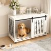 39.37'' Modern Wooden Dog Crate Furniture with Sliding Barn Door and Side Door, Indoor Dog Kennel End Table for Small to Medium Dogs